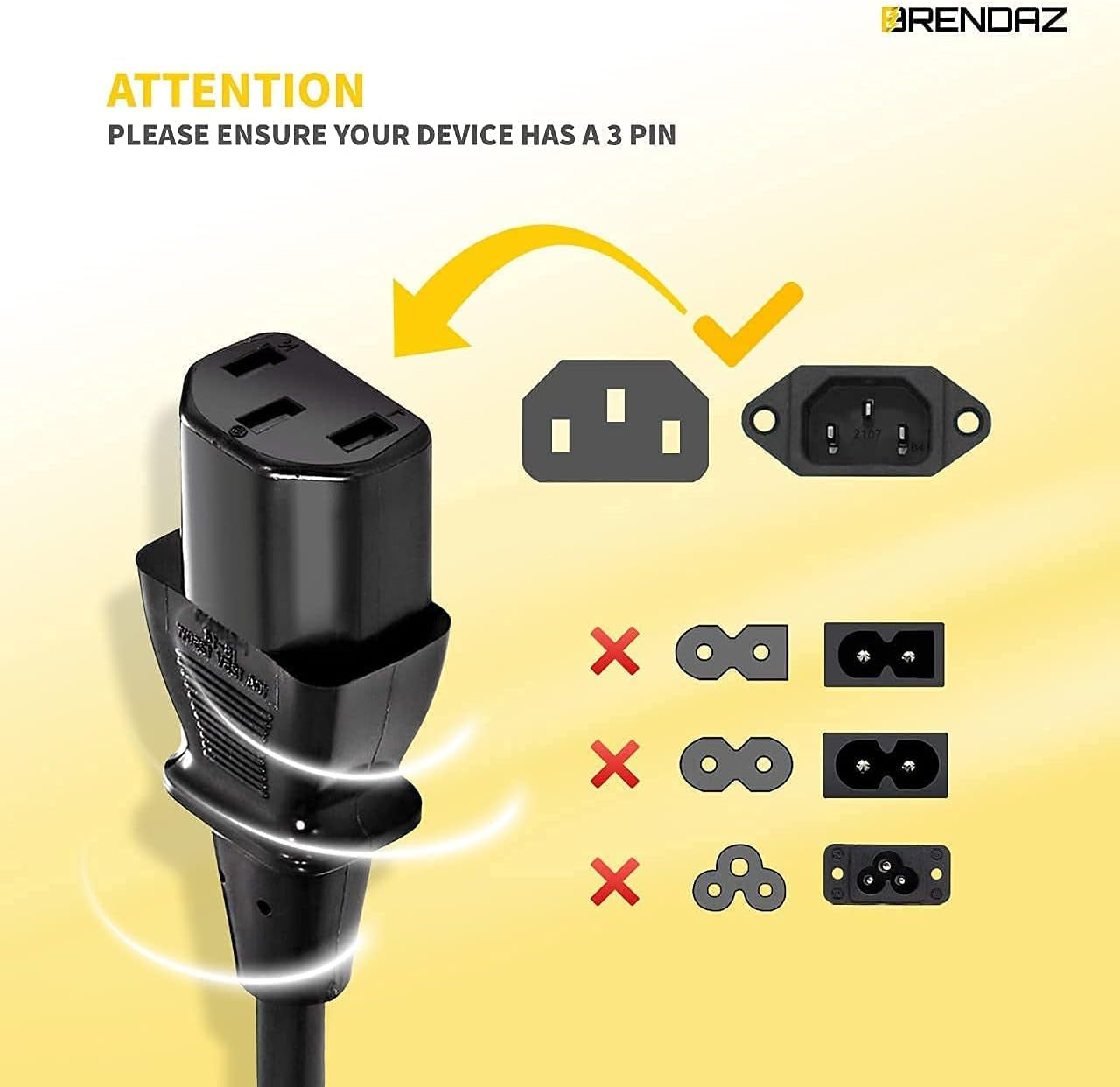 18 AWG Universal Power Cord – Replacement 3-Prong Power Connector Works for Computer, Pcs, Monitors, Printers, Amplifiers, Scanners, TV (IEC320 C13 to NEMA 5-15P) (3-Feet)